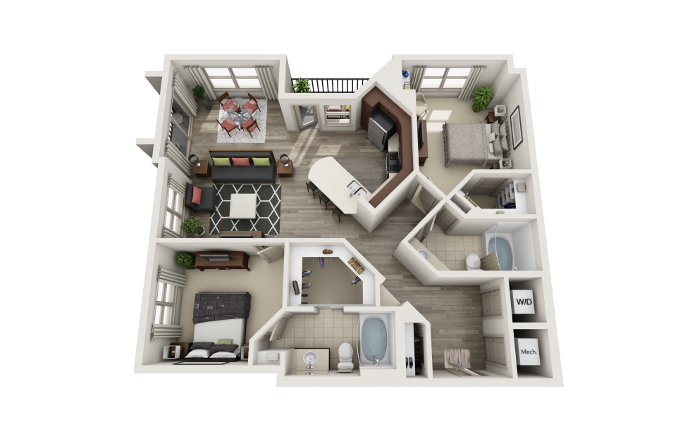 Astoria - 2 bedroom floorplan layout with 2 baths and 1166 square feet.