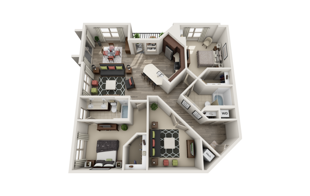 Times Square with Den - 2 bedroom floorplan layout with 2 baths and 1380 square feet.
