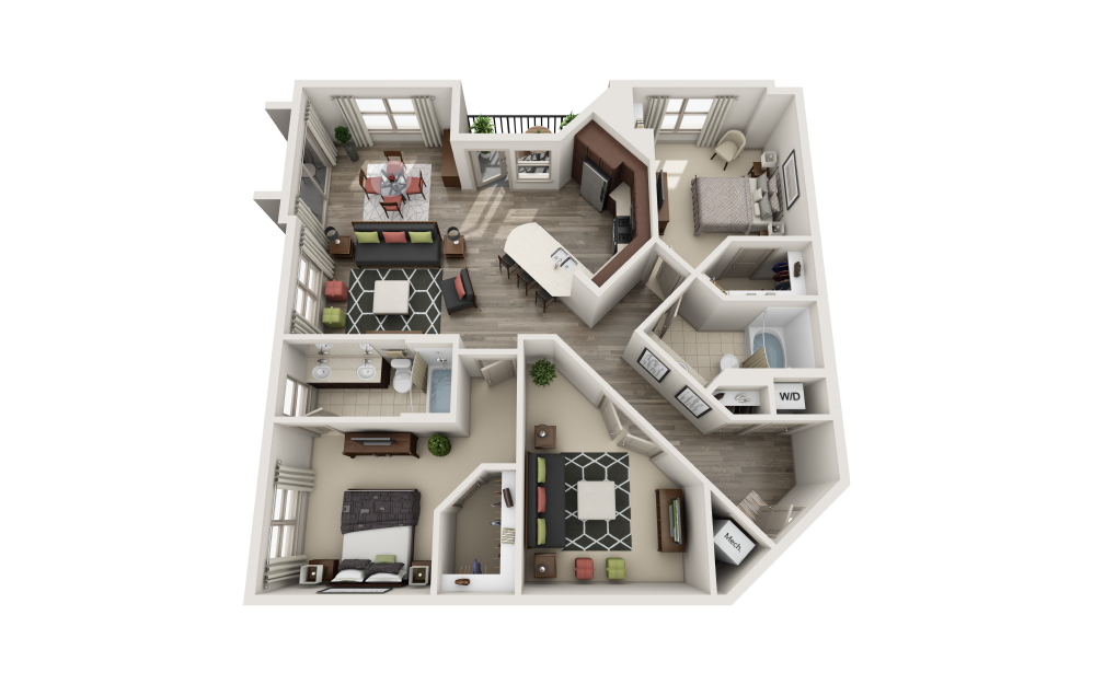 Times Square with Den - 2 bedroom floorplan layout with 2 bathrooms and 1380 square feet