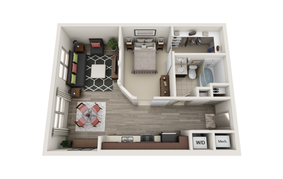 Tribeca - Studio floorplan layout with 1 bath and 696 square feet.