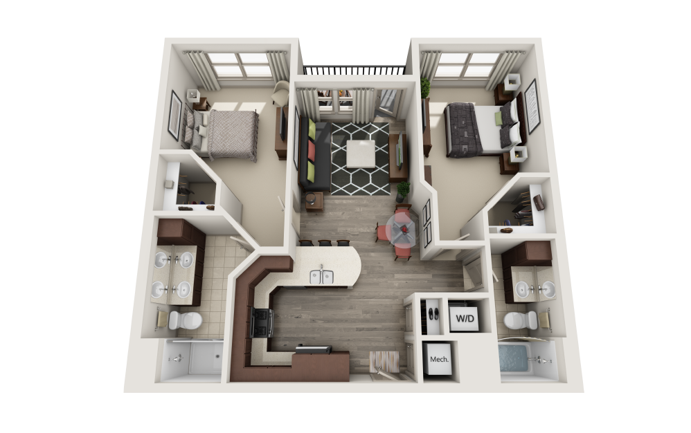 Tudor - 2 bedroom floorplan layout with 2 baths and 974 square feet.
