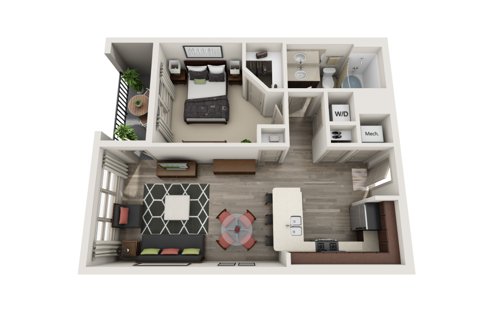 Upper Eastside - 1 bedroom floorplan layout with 1 bath and 692 to 754 square feet.